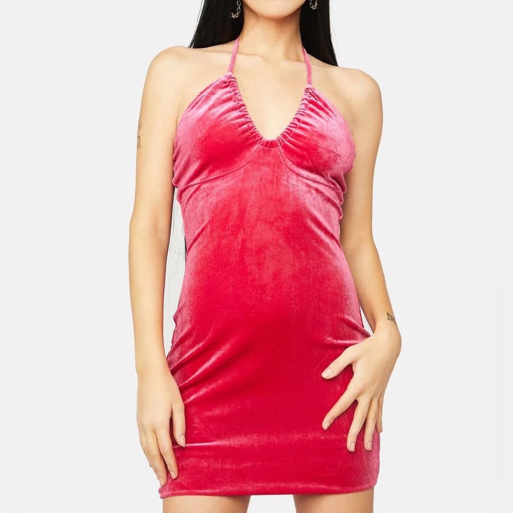 Plunging Halter Neck Velvet Bodycon Mini Dress